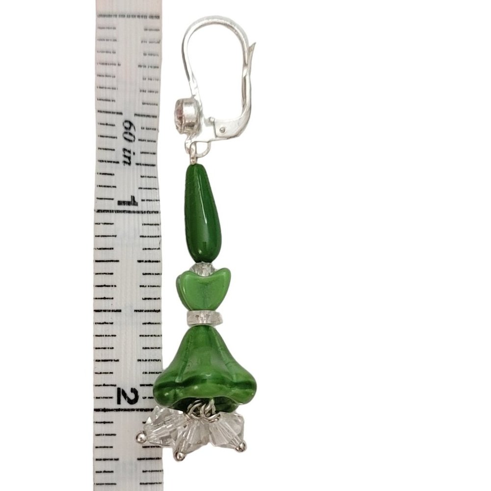 Czech Vintage Green Clear Glass Beads Lever Back Dangle Drop Earrings E155 - Picture 5 of 6
